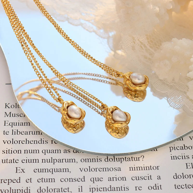 Titanium Steel Gold Plated Cuban Chain Adjustable Natural Freshwater Pearl Geometric Pendant Necklace for Women - 4