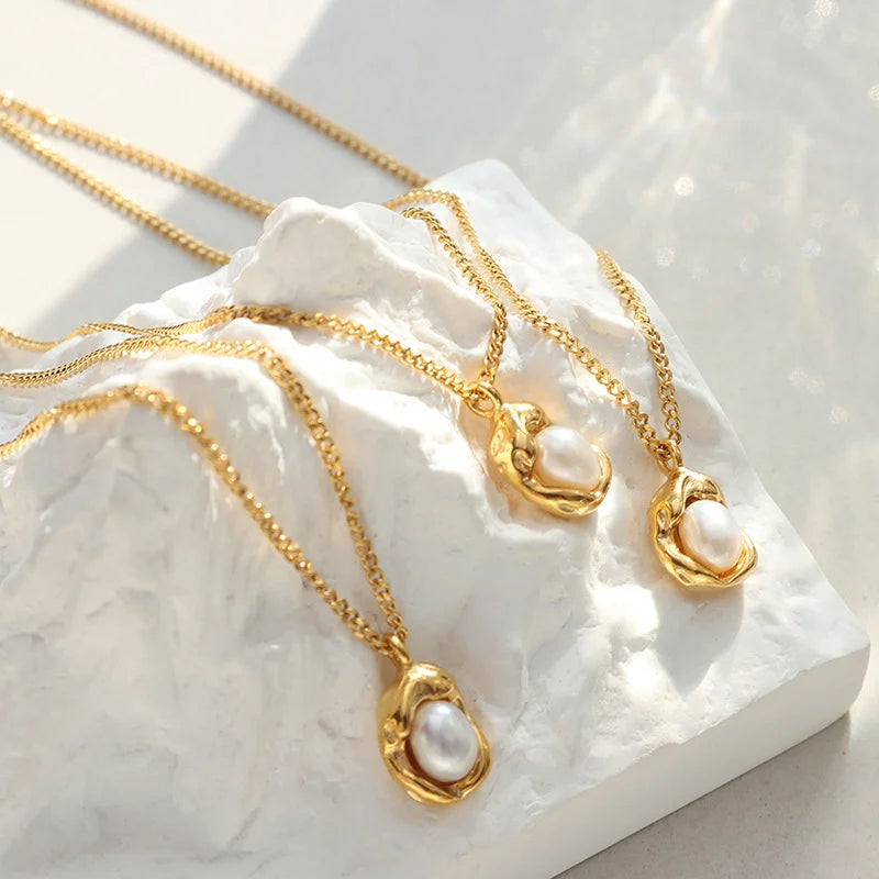 Titanium Steel Gold Plated Cuban Chain Adjustable Natural Freshwater Pearl Geometric Pendant Necklace for Women - 5