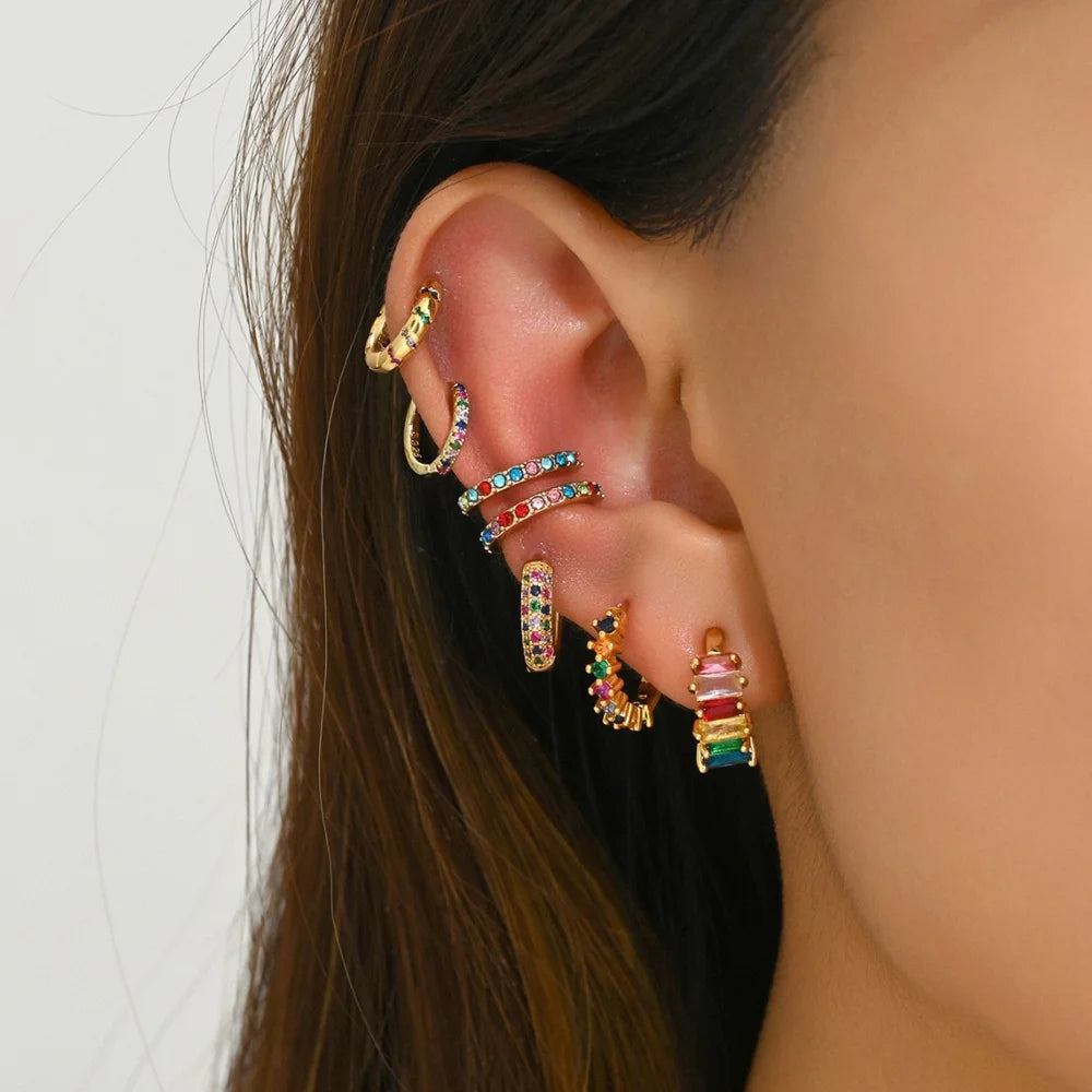 U-Shaped Gold Plated Copper Earrings for Women Geometric Stud Earrings with Colorful Zircon Elegant Jewelry - 3