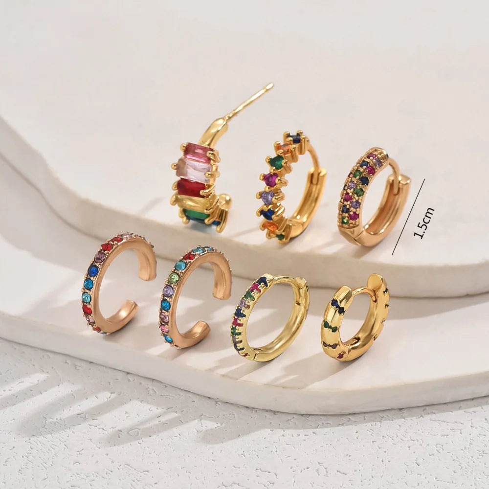 U-Shaped Gold Plated Copper Earrings for Women Geometric Stud Earrings with Colorful Zircon Elegant Jewelry - 6