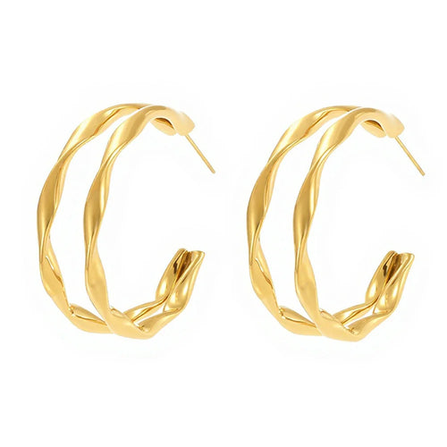 1 Pair Twisted Double Layer Hoop Earrings Stainless Steel Electroplated Earrings Jewelry for Women - F486/Gold - 1