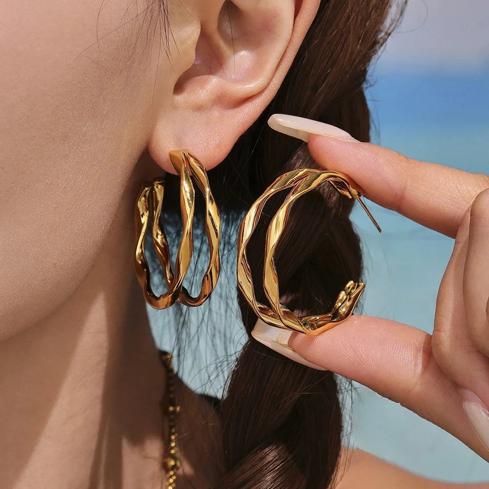 1 Pair Twisted Double Layer Hoop Earrings Stainless Steel Electroplated Earrings Jewelry for Women - F486/Gold - 2