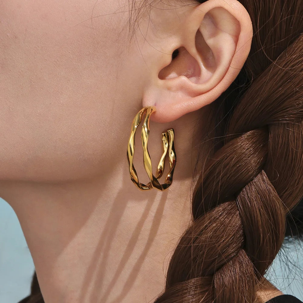 1 Pair Twisted Double Layer Hoop Earrings Stainless Steel Electroplated Earrings Jewelry for Women - F486/Gold - 3