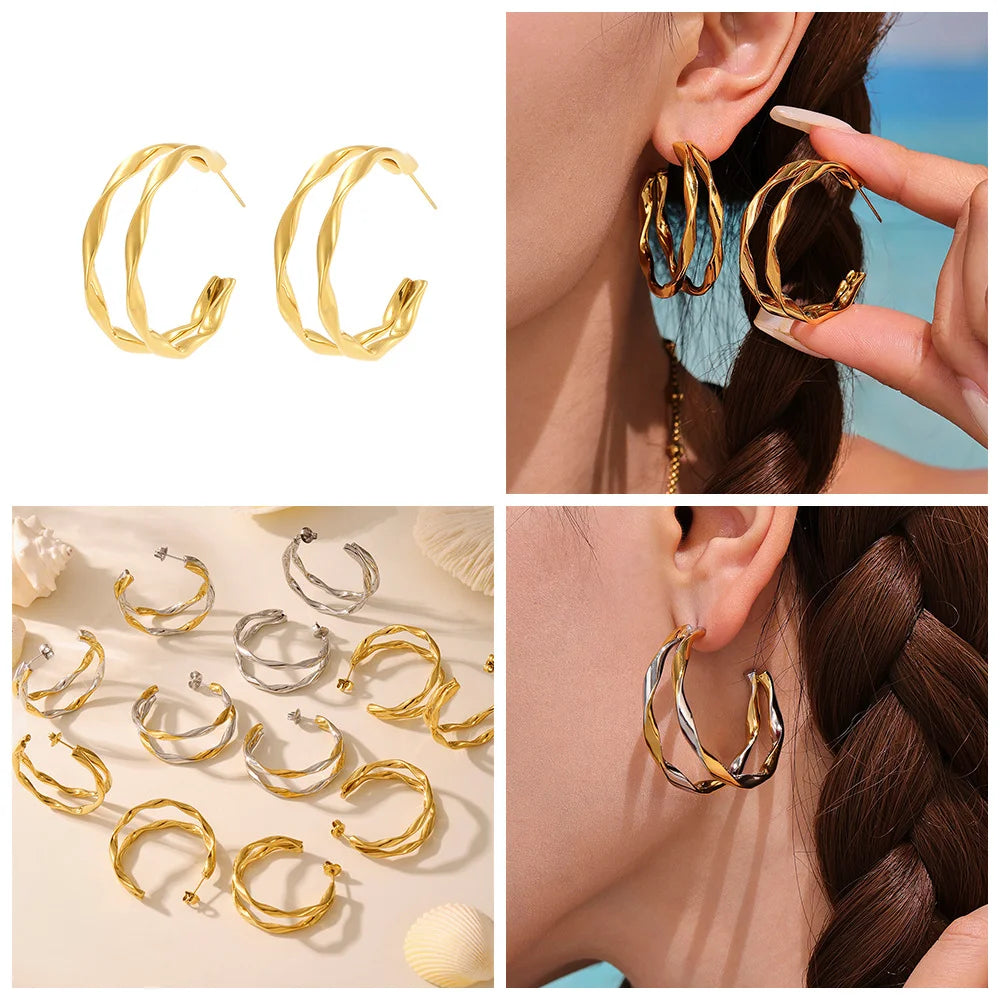 1 Pair Twisted Double Layer Hoop Earrings Stainless Steel Electroplated Earrings Jewelry for Women - F486/Gold - 4