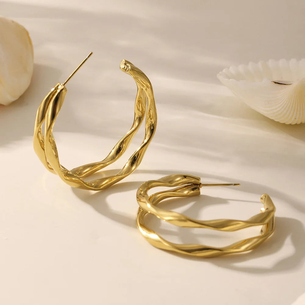 1 Pair Twisted Double Layer Hoop Earrings Stainless Steel Electroplated Earrings Jewelry for Women - F486/Gold - 5