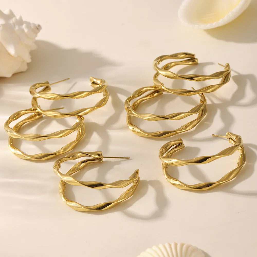 1 Pair Twisted Double Layer Hoop Earrings Stainless Steel Electroplated Earrings Jewelry for Women - F486/Gold - 6