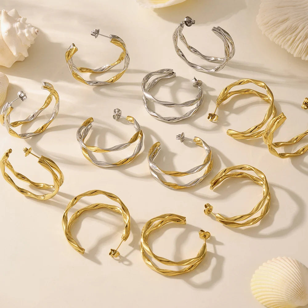 1 Pair Twisted Double Layer Hoop Earrings Stainless Steel Electroplated Earrings Jewelry for Women - F486/Gold - 7