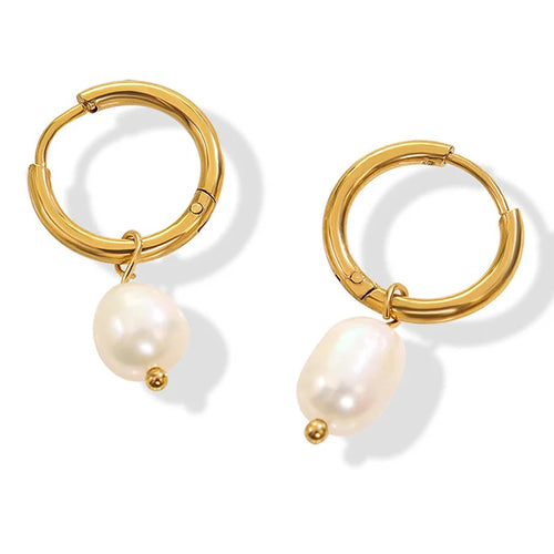 18K Gold Plated Small Hoop Pearl Earrings French Vintage Titanium Steel Geometric Drop Dangle Earrings - 1