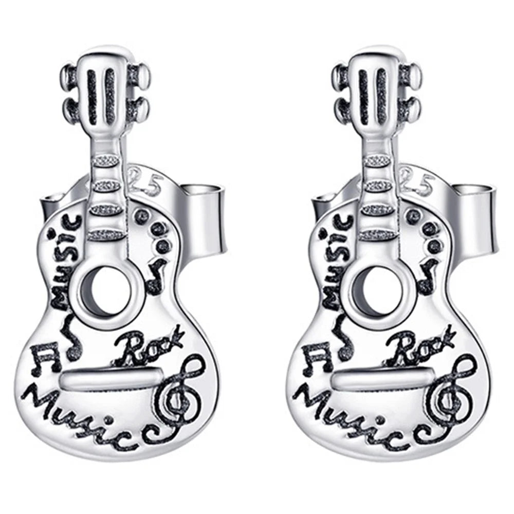 YIZIY SCE1155 1 Pair S925 Sterling Silver Retro Guitar Letters Design Ear Studs Women Earrings - 1