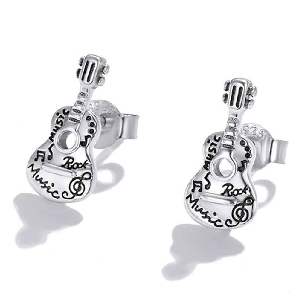 YIZIY SCE1155 1 Pair S925 Sterling Silver Retro Guitar Letters Design Ear Studs Women Earrings - 2
