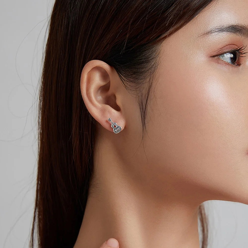 YIZIY SCE1155 1 Pair S925 Sterling Silver Retro Guitar Letters Design Ear Studs Women Earrings - 4