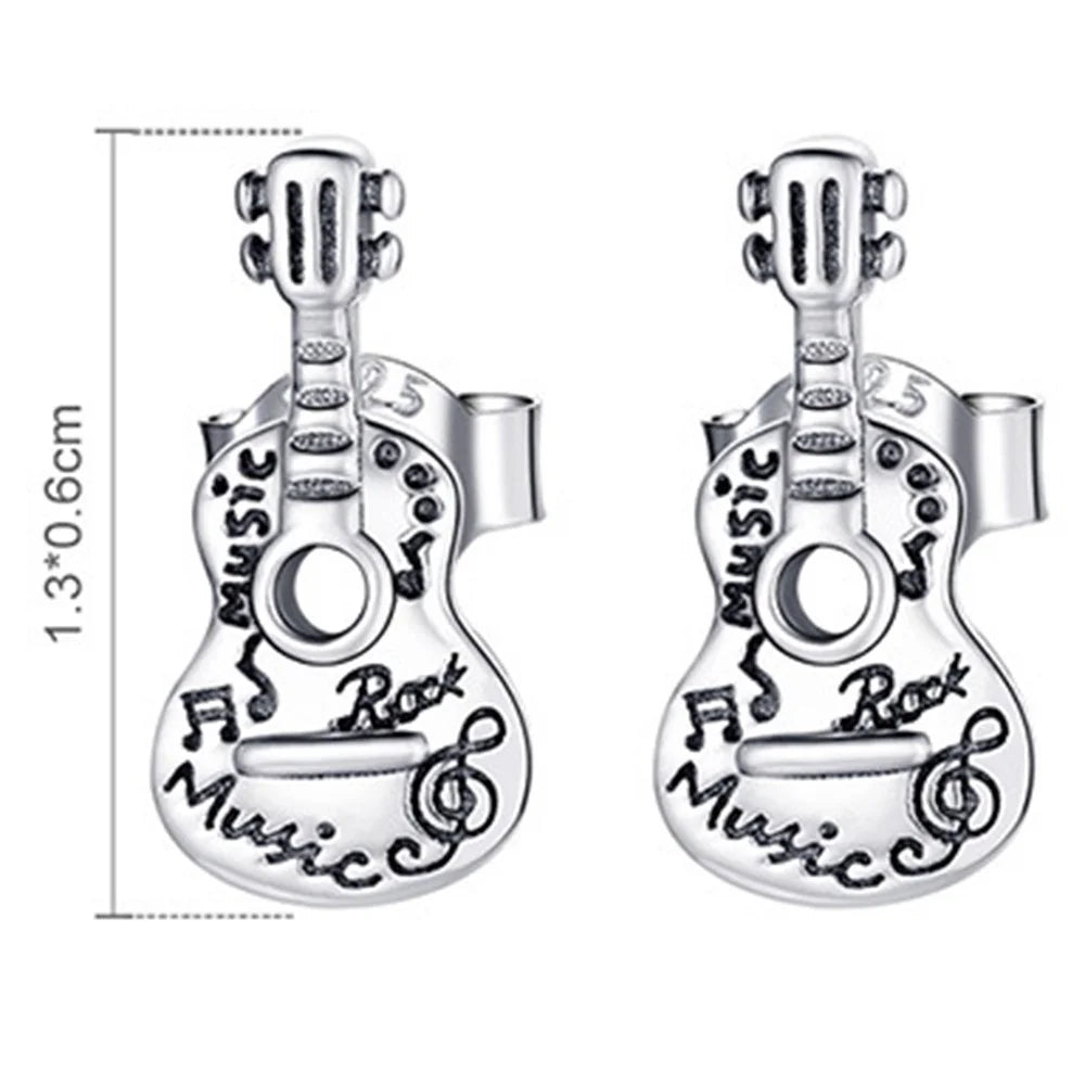 YIZIY SCE1155 1 Pair S925 Sterling Silver Retro Guitar Letters Design Ear Studs Women Earrings - 7