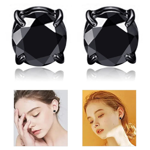 A00899 One Pair 8mm Stud Earrings Non-piercing Magnetic Stainless Steel Zircon Stud Eardrops Earrings Jewelry - Black / Black Diamond - 1