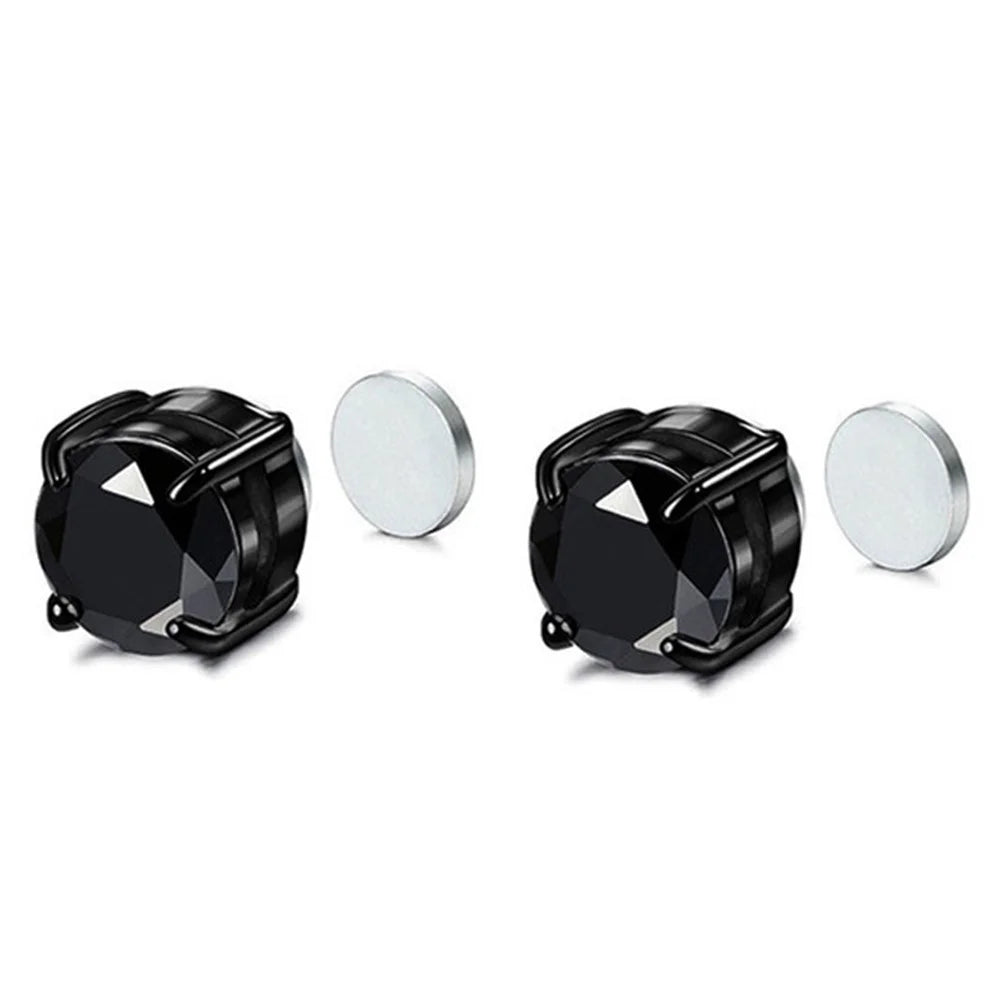 A00899 One Pair 8mm Stud Earrings Non-piercing Magnetic Stainless Steel Zircon Stud Eardrops Earrings Jewelry - Black / Black Diamond - 3
