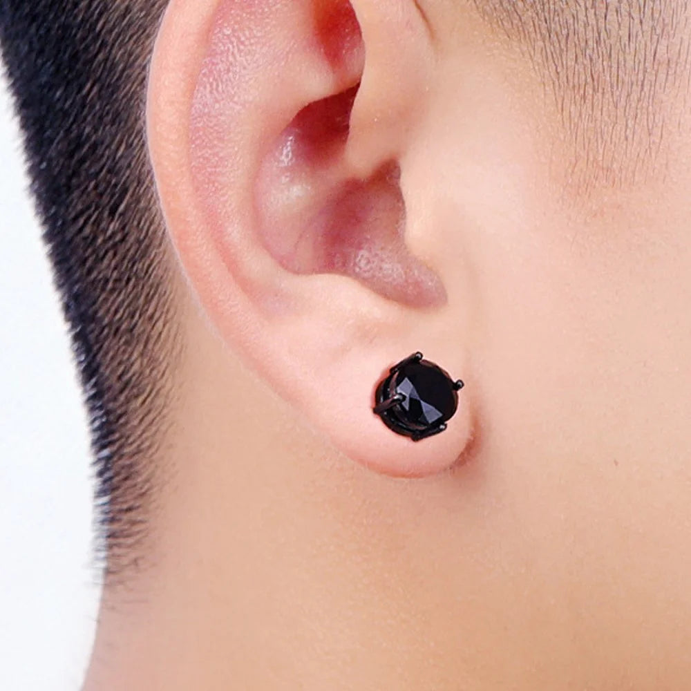 A00899 One Pair 8mm Stud Earrings Non-piercing Magnetic Stainless Steel Zircon Stud Eardrops Earrings Jewelry - Black / Black Diamond - 5