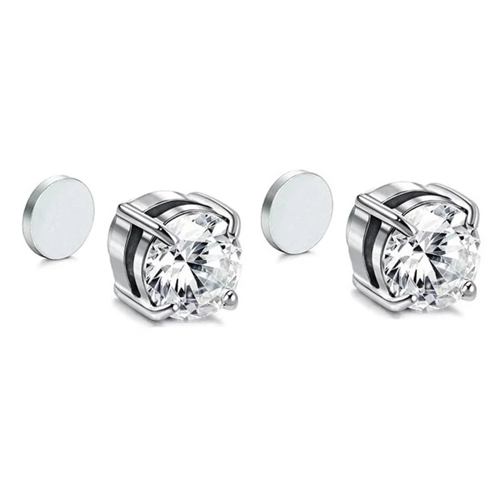 A00899 One Pair Magnetic Stud Earring Ear Decor Jewelry 8mm Non-piercing Stud Earring Magnet - Silver / White Diamond - 3
