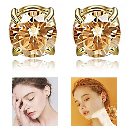 A00899 One Pair Non-piercing Magnetic 8mm Stud Earrings Stainless Steel Zircon Stud Eardrops Earrings Jewelry - Gold / Gold Diamond - 1