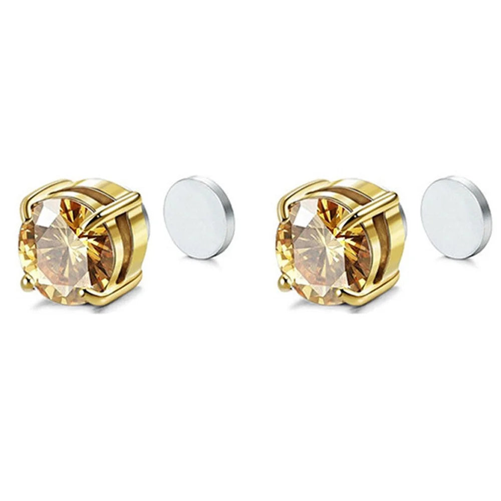 A00899 One Pair Non-piercing Magnetic 8mm Stud Earrings Stainless Steel Zircon Stud Eardrops Earrings Jewelry - Gold / Gold Diamond - 3