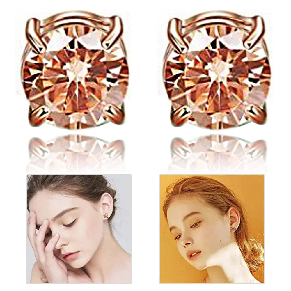A00899 One Pair Stainless Steel Zircon Stud Eardrops Earrings Jewelry 8mm Non-piercing Magnetic Stud Earrings - Rose Gold - 1