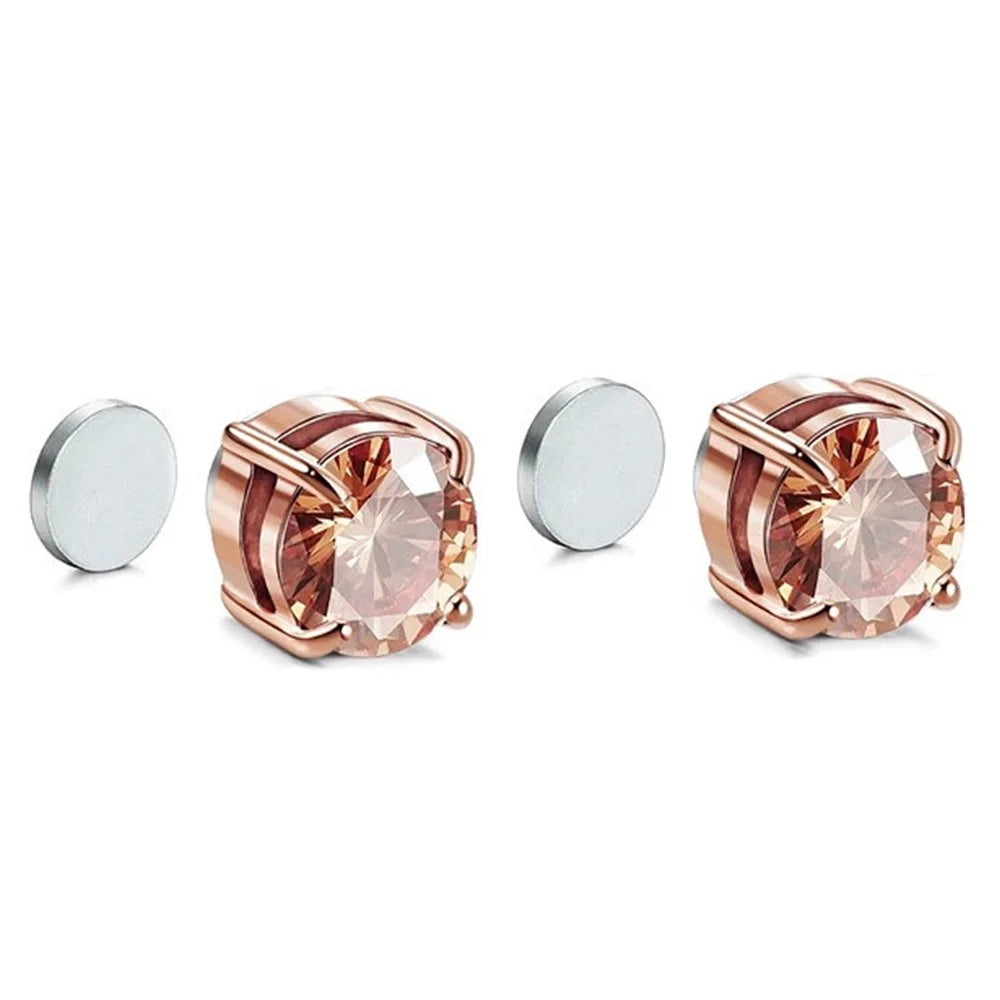A00899 One Pair Stainless Steel Zircon Stud Eardrops Earrings Jewelry 8mm Non-piercing Magnetic Stud Earrings - Rose Gold - 3