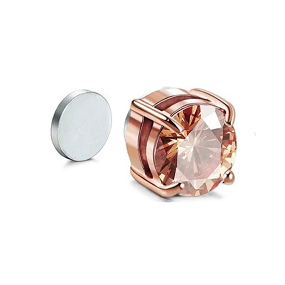 A00899 Non-piercing Magnetic 8mm Women's Stud Earring Stainless Steel Zircon Stud Eardrop Men's Earring Jewelry - Gold / Gold Diamond - 3