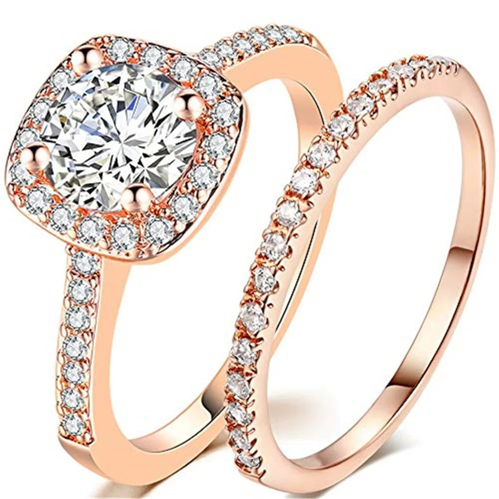 JZX12 2Pcs Women Rings Set Electroplated Cubic Zirconia Stackable Rings Girls Wedding Rings - Size 6 / Rose Gold - 1