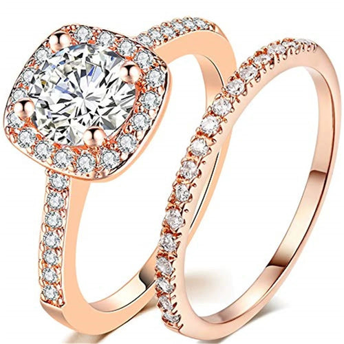 JZX12 2Pcs Women Rings Set Electroplated Cubic Zirconia Stackable Rings Girls Wedding Rings - Size 6 / Rose Gold - 1