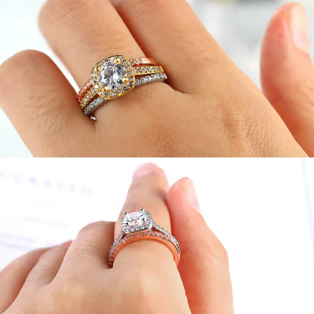 JZX12 2Pcs Women Rings Set Electroplated Cubic Zirconia Stackable Rings Girls Wedding Rings - Size 6 / Rose Gold - 6