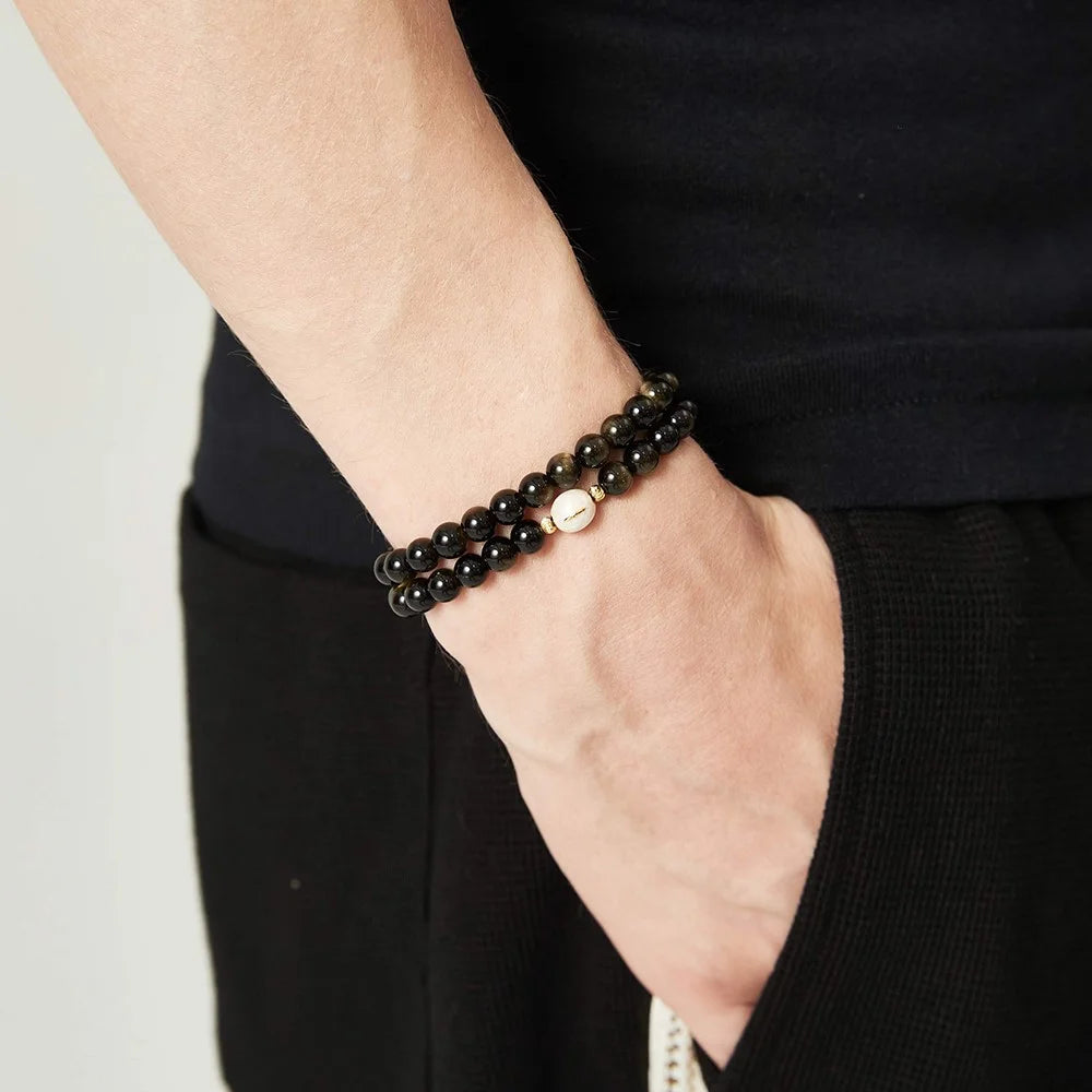 YISIXICI ZL13140007 Obsidian Bracelet Beaded Couple Wrist Jewelry Birthday Gift - Black - 3