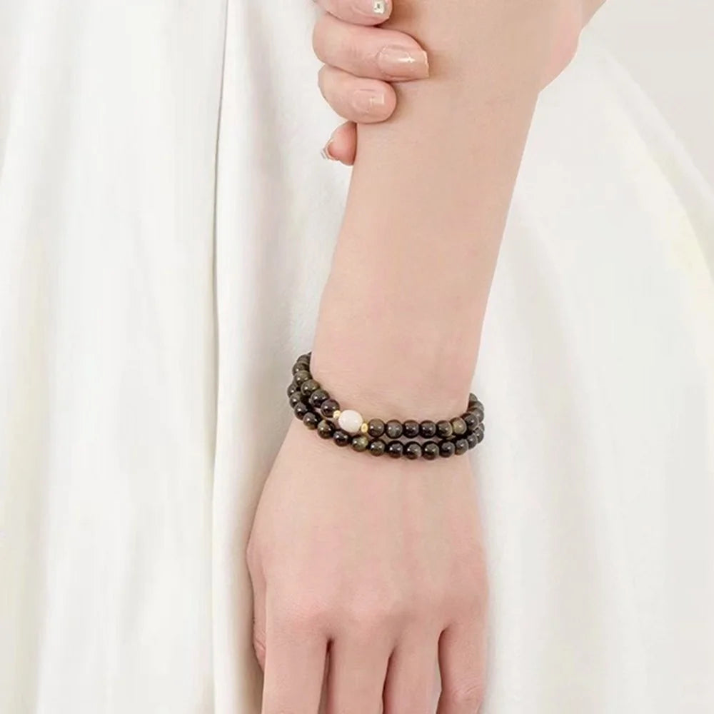 YISIXICI ZL13140007 Obsidian Bracelet Beaded Couple Wrist Jewelry Birthday Gift - Black - 4