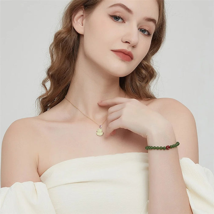 YISIXICI ZL13140001 Green Jade Bracelet Natural Beaded Wrist Jewelry Birthday Gift - M - 7