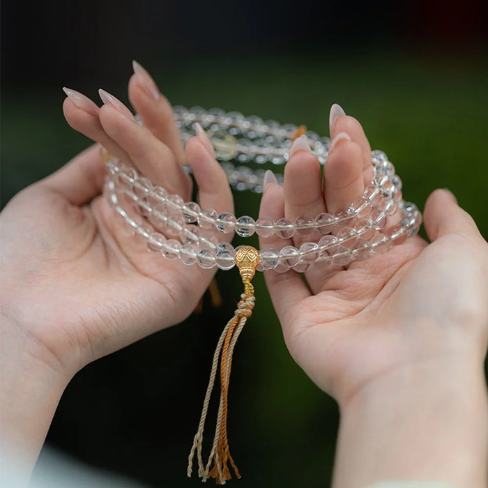 108 White Crystal Beads Buddhist Prayer Wrap Bracelet Mala Beads Necklace with Silk Pouch - 2