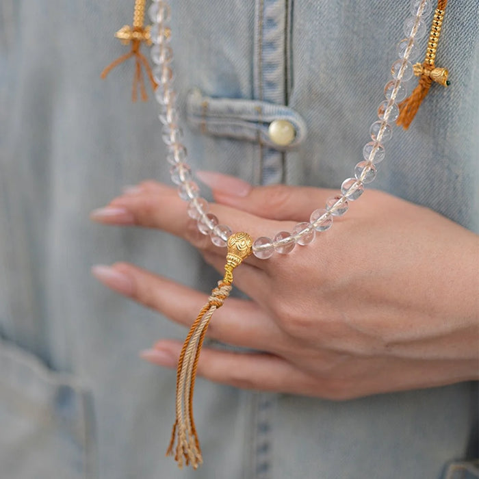108 White Crystal Beads Buddhist Prayer Wrap Bracelet Mala Beads Necklace with Silk Pouch - 3