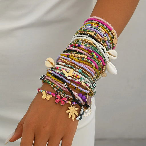 Bohemian Multi Layered Rice Bead Shell Butterfly Design Pendant Bracelets for Women Travel Souvenir Jewelry - 2