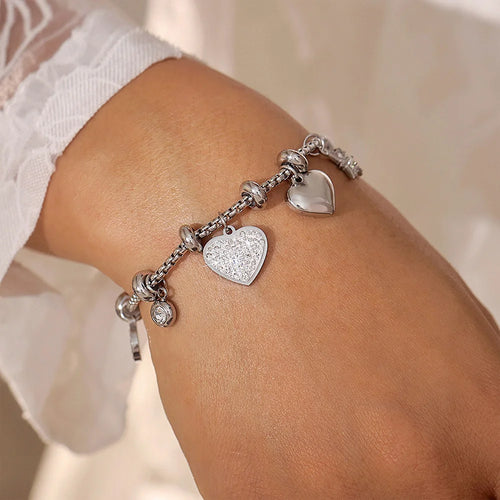 Titanium Steel Heart Rhinestone Inlaid Bracelet Luxury Chain Link Geometric Unisex Gift - E560/Steel Heart Bracelet - 1