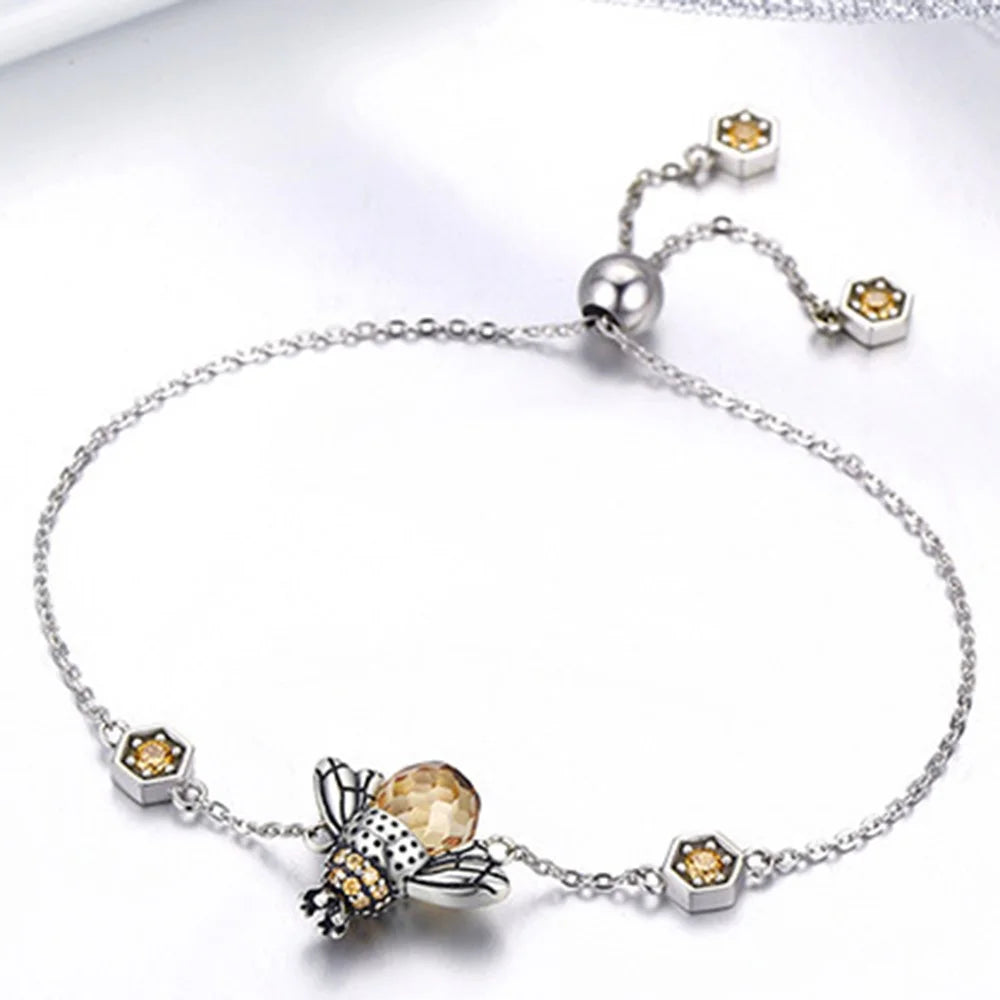 YIZIY S925 Sterling Silver Zircon Bee Decor Bracelet Adjustable Wrist Chain Women Bracelet Jewelry Gift - 2