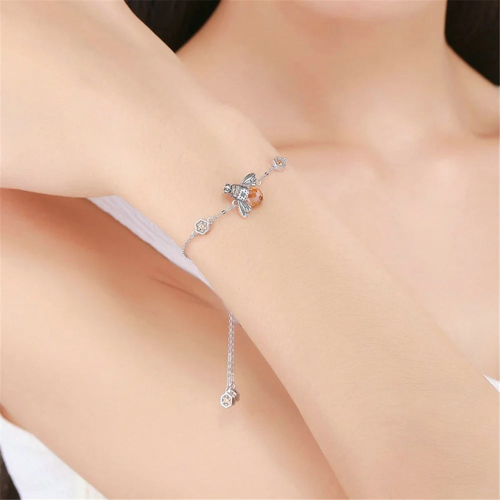 YIZIY S925 Sterling Silver Zircon Bee Decor Bracelet Adjustable Wrist Chain Women Bracelet Jewelry Gift - 5
