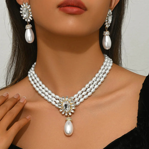 Women Pearl Necklace Earrings Set Geometric Multilayer Choker Crystal Inlaid Alloy Jewelry - XL5593 - 1