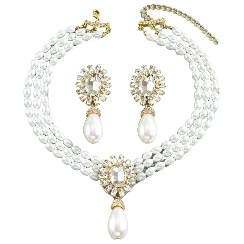 Women Pearl Necklace Earrings Set Geometric Multilayer Choker Crystal Inlaid Alloy Jewelry - XL5593 - 2