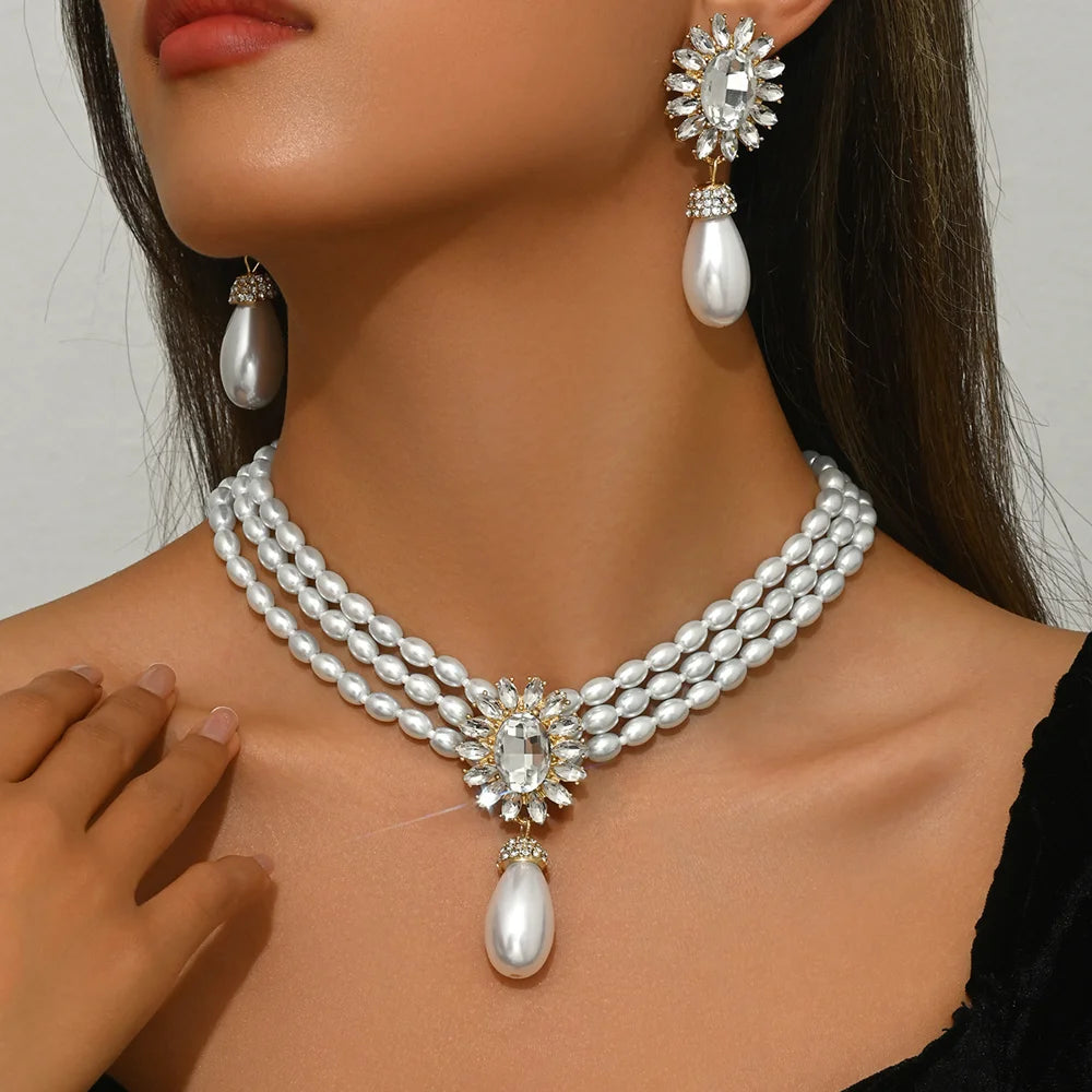 Women Pearl Necklace Earrings Set Geometric Multilayer Choker Crystal Inlaid Alloy Jewelry - XL5593 - 3