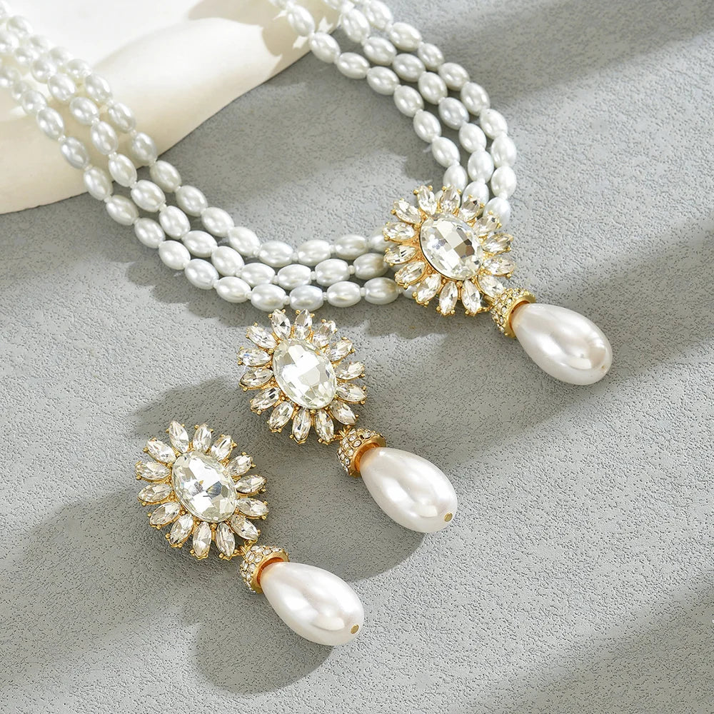 Women Pearl Necklace Earrings Set Geometric Multilayer Choker Crystal Inlaid Alloy Jewelry - XL5593 - 4