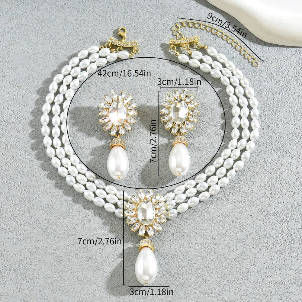 Women Pearl Necklace Earrings Set Geometric Multilayer Choker Crystal Inlaid Alloy Jewelry - XL5593 - 5