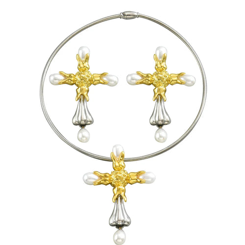 BASHA XL5584 Women's Pearl Cross Necklace Earrings Set Copper Alloy Fashion OL Jewelry Kit - 1