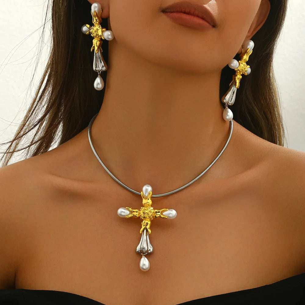 BASHA XL5584 Women's Pearl Cross Necklace Earrings Set Copper Alloy Fashion OL Jewelry Kit - 2