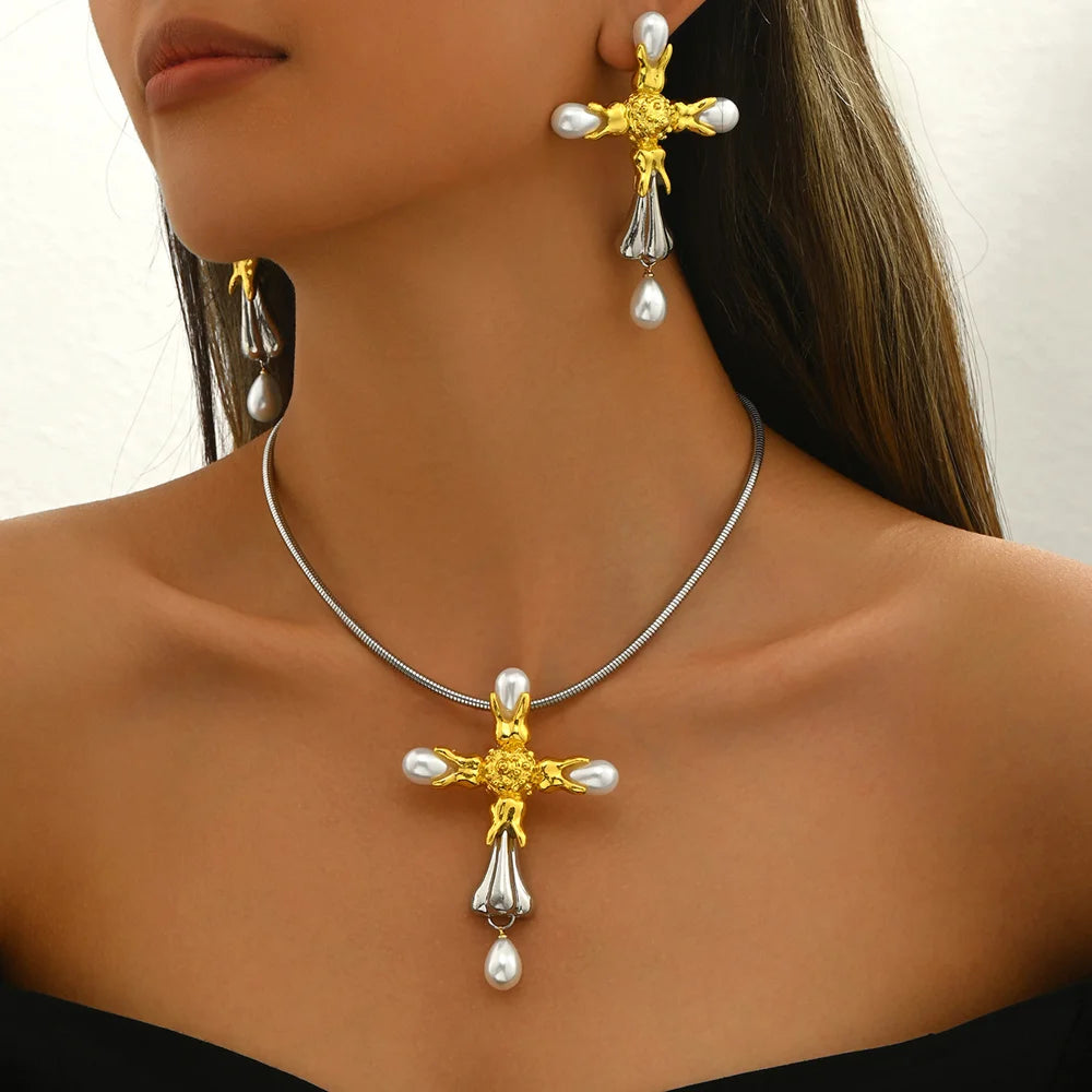 BASHA XL5584 Women's Pearl Cross Necklace Earrings Set Copper Alloy Fashion OL Jewelry Kit - 3