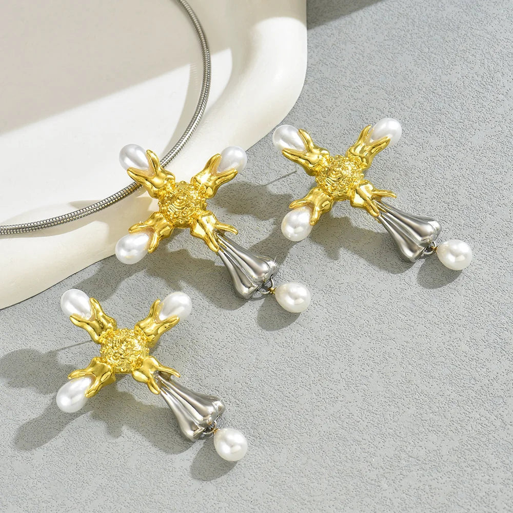 BASHA XL5584 Women's Pearl Cross Necklace Earrings Set Copper Alloy Fashion OL Jewelry Kit - 4