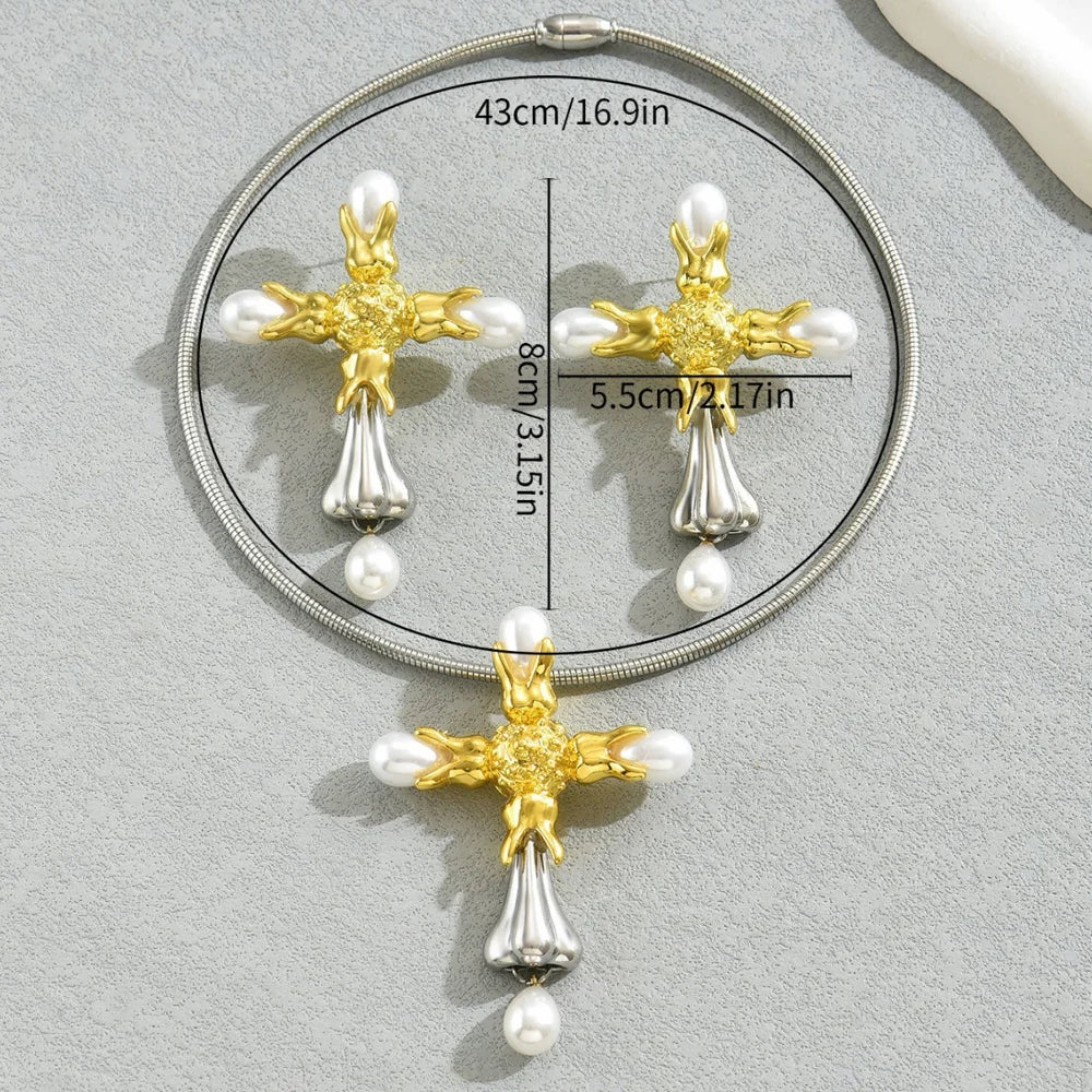 BASHA XL5584 Women's Pearl Cross Necklace Earrings Set Copper Alloy Fashion OL Jewelry Kit - 5