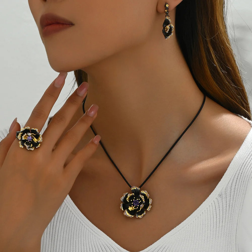 BASHA XL5398 Women Vintage Sunflower Diamond Jewelry Set Necklace Earrings Ring Retro Kit - 1