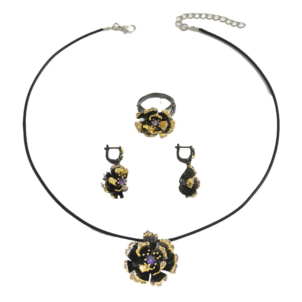 BASHA XL5398 Women Vintage Sunflower Diamond Jewelry Set Necklace Earrings Ring Retro Kit - 3