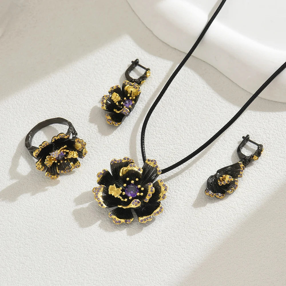 BASHA XL5398 Women Vintage Sunflower Diamond Jewelry Set Necklace Earrings Ring Retro Kit - 4